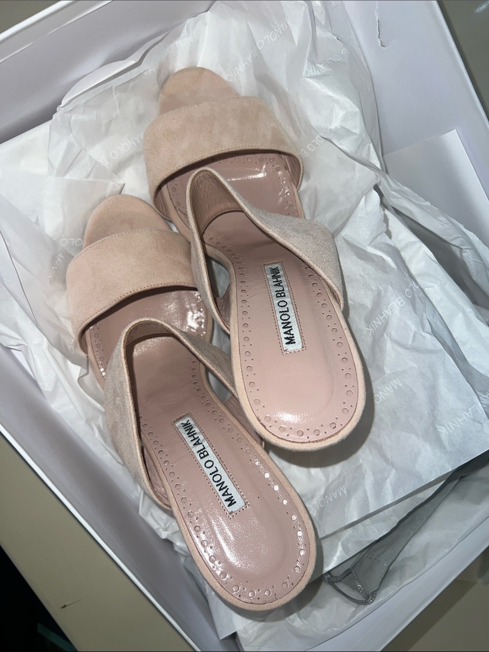 Manolo Blahnik Blush Suede Double-Band Slide Mules - Picture 5 of 5